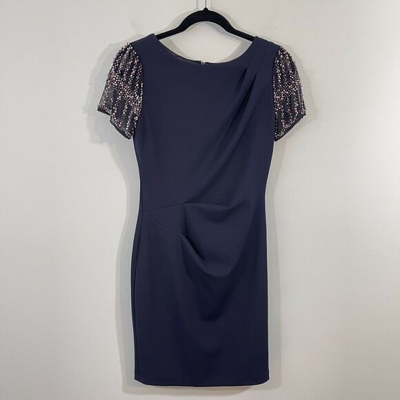 Xscape Women's Navy Short Sleeve Pearl Embellished Sheath Dress Size 4 - Picture 1 of 8